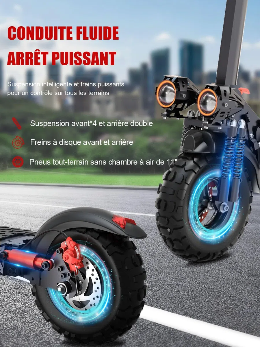 Trottinette Électrique Adulte 1200W Moteur, Autonomie 45-55KM Batterie 48V 18Ah Trotinette Electrique Pliante Portable, Roues 11" Tout Terrain Double Suspension Frein à Disque Double Escooter