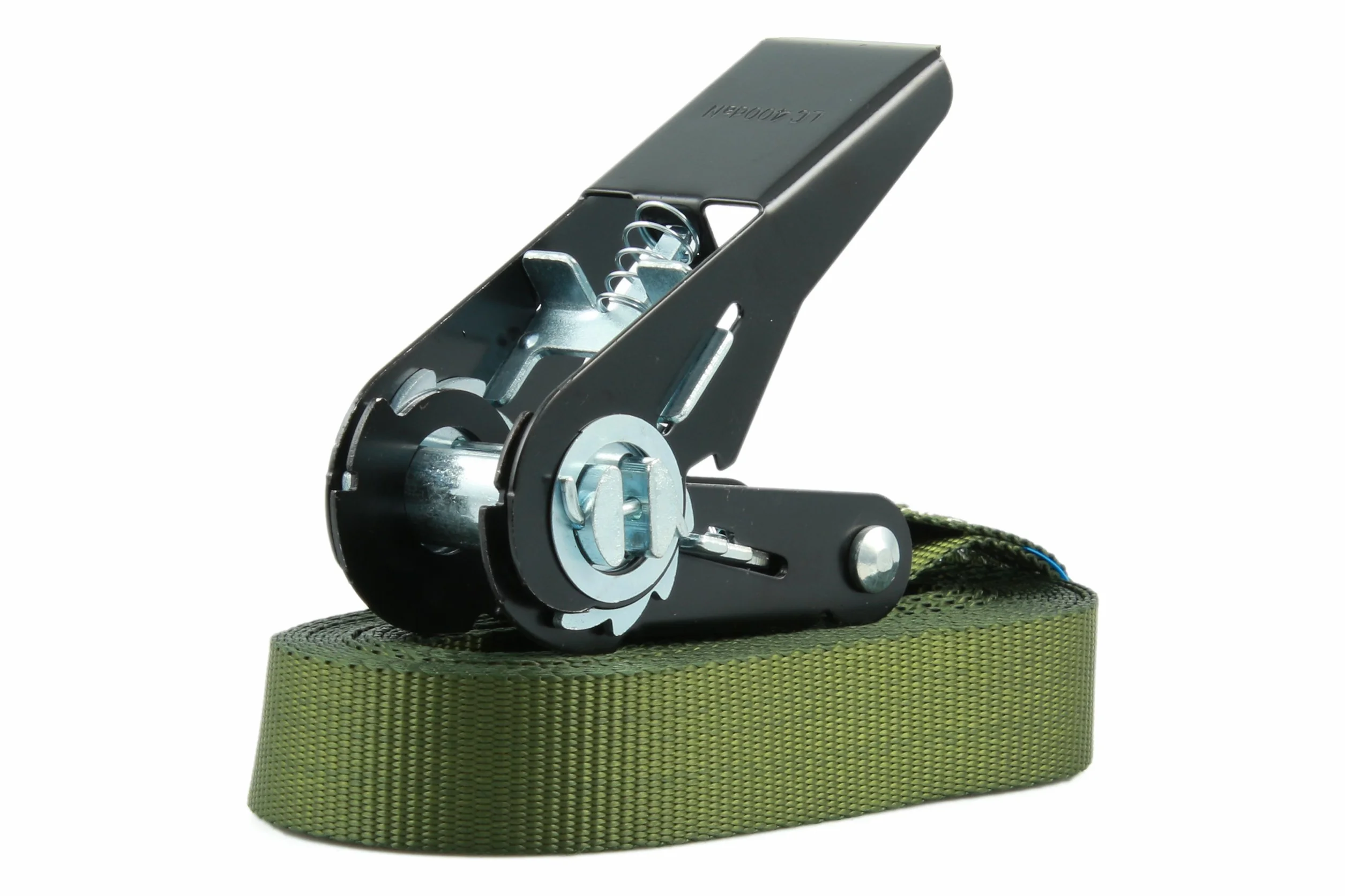 Lot de 4 Sangles d'arrimage Sangles à cliquet, Rochet Noir de Haute qualité, Charge admissible jusqu'à 400 kg, Selon DIN en 12195-2, Longueur 4m Largeur 25mm, en Une pièce, Vert Olive