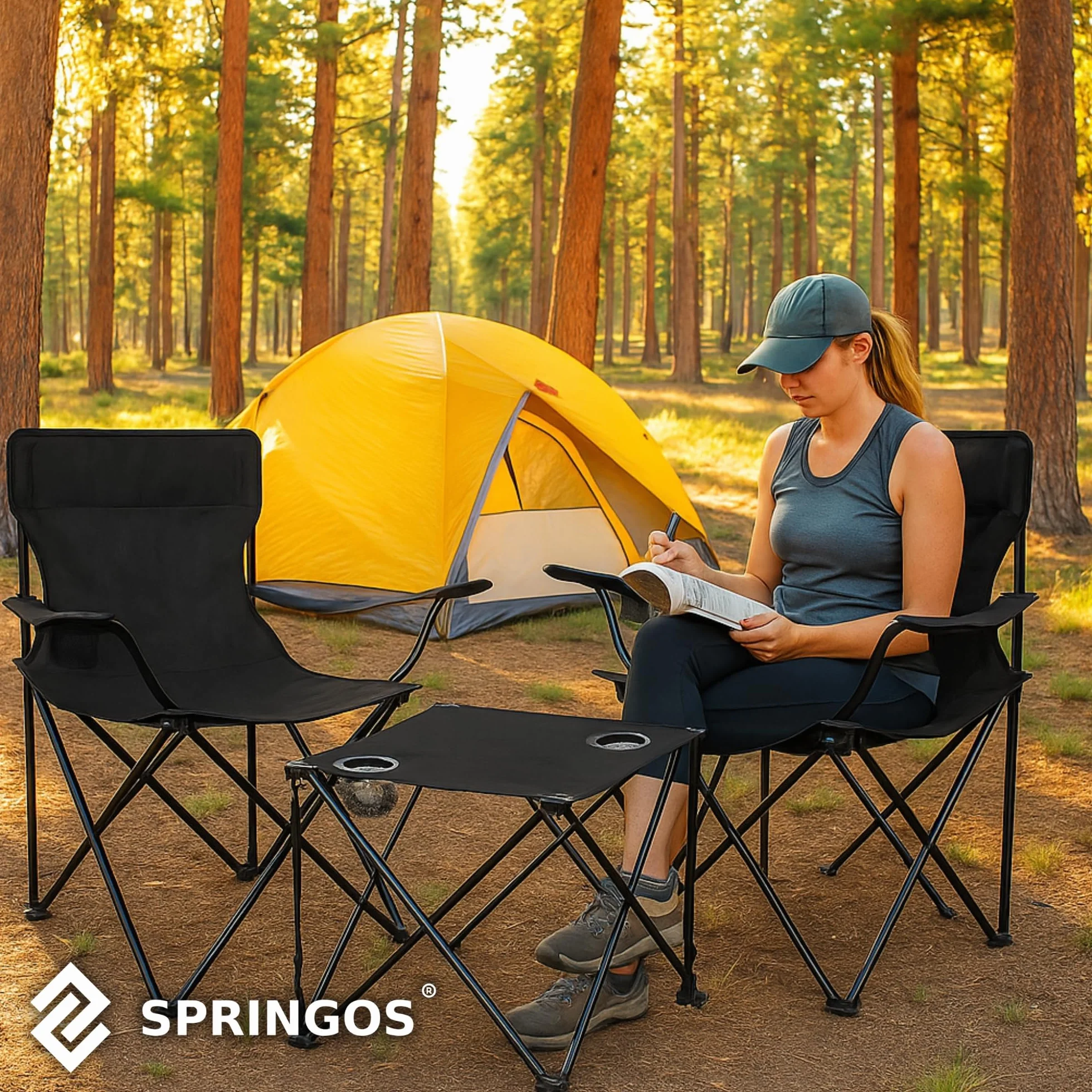 SPRINGOS Ensemble Camping 3 Pièces Noir – Table Pliante + 2 Chaises avec Accoudoirs et Porte-Gobelet, 4,8 kg, Charge 100 kg – Pêche Festival Jardin