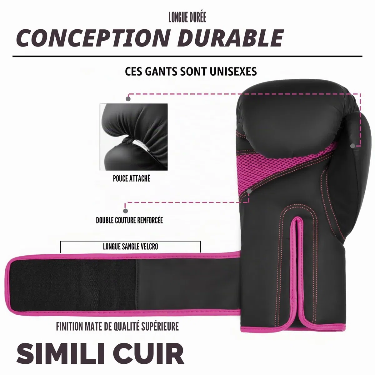 Islero EVO Fitness Gants de boxe noirs mats pour homme et femme Sac de frappe Rose MMA Muay Thai Arts martiaux Kick Boxing Sparring Gants d'entraînement de combat avec bandages