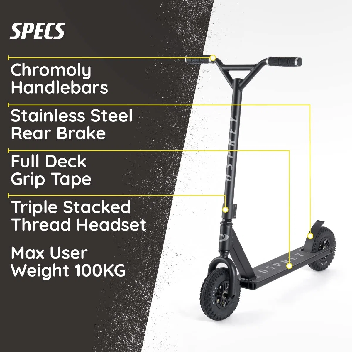 Osprey Dirt La Trottinette Tout-Terrain et Descente Adulte/Ados - Avec Plateau Aluminium Épais, Guidon BMX Acier Chromoly, Pneus 200 mm Crampons Caoutchouc Profonds, Frein acier Inox - en 5x Couleurs