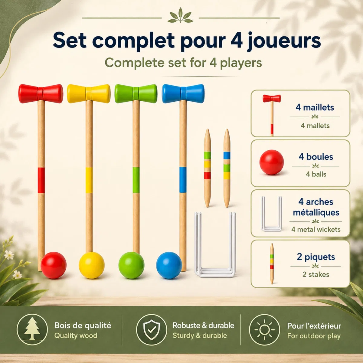 GRENADINE BOUTIQUE Jeu De Croquet Bois Set Complet – Maillets Boules Arceaux Piquets – Jeux Bois Exterieur Famille Activité Plein Air – Jeux en Bois Exterieur 4 Joueurs
