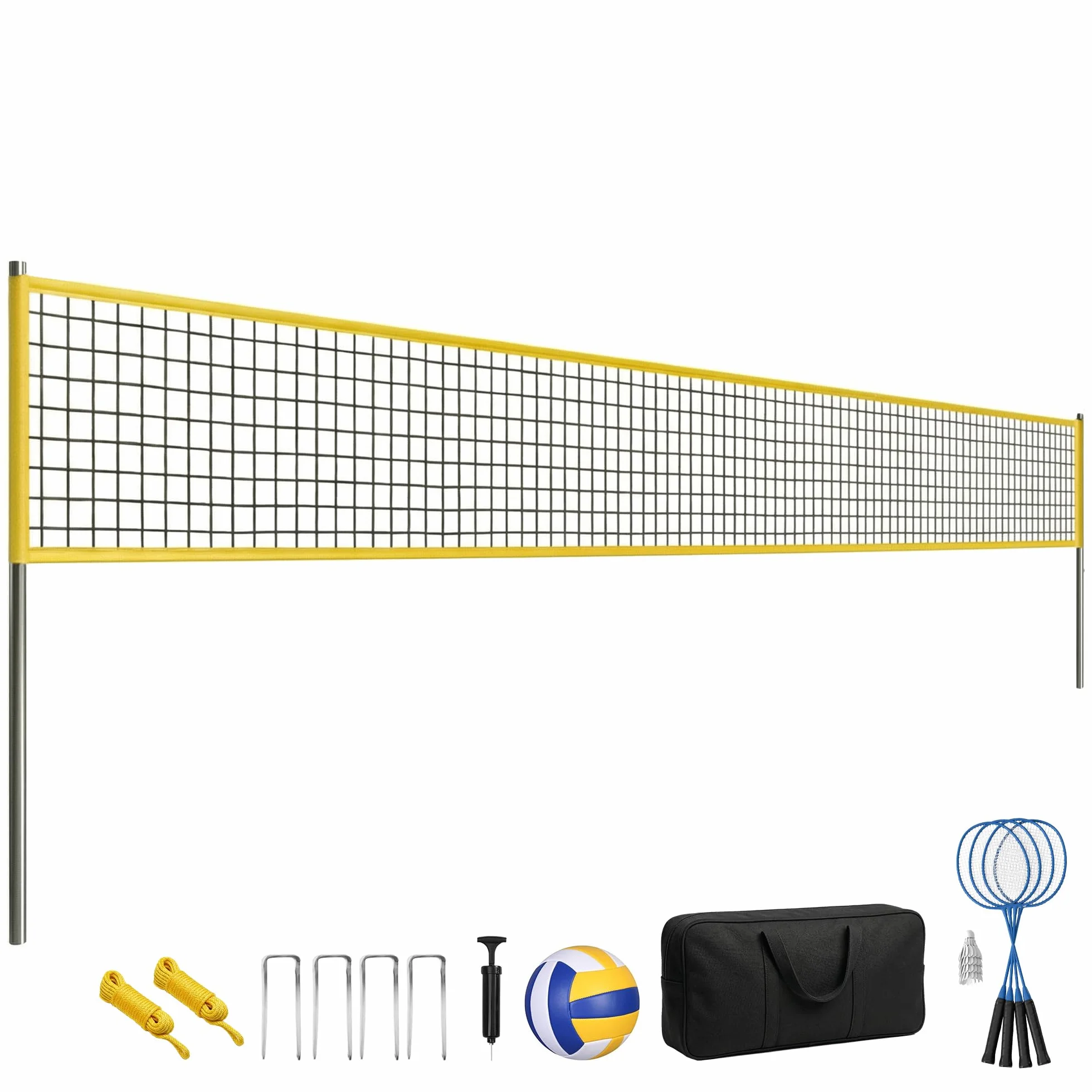 SPORTNOW Ensemble de Volley-Ball et Badminton, Poteaux en Acier Hauteur Réglable, Ballon de Volley-Ball, Filet Badminton Portable, 4 Raquettes, 4 Volants, Sac de Transport, pour Pelouse Plage Jardin