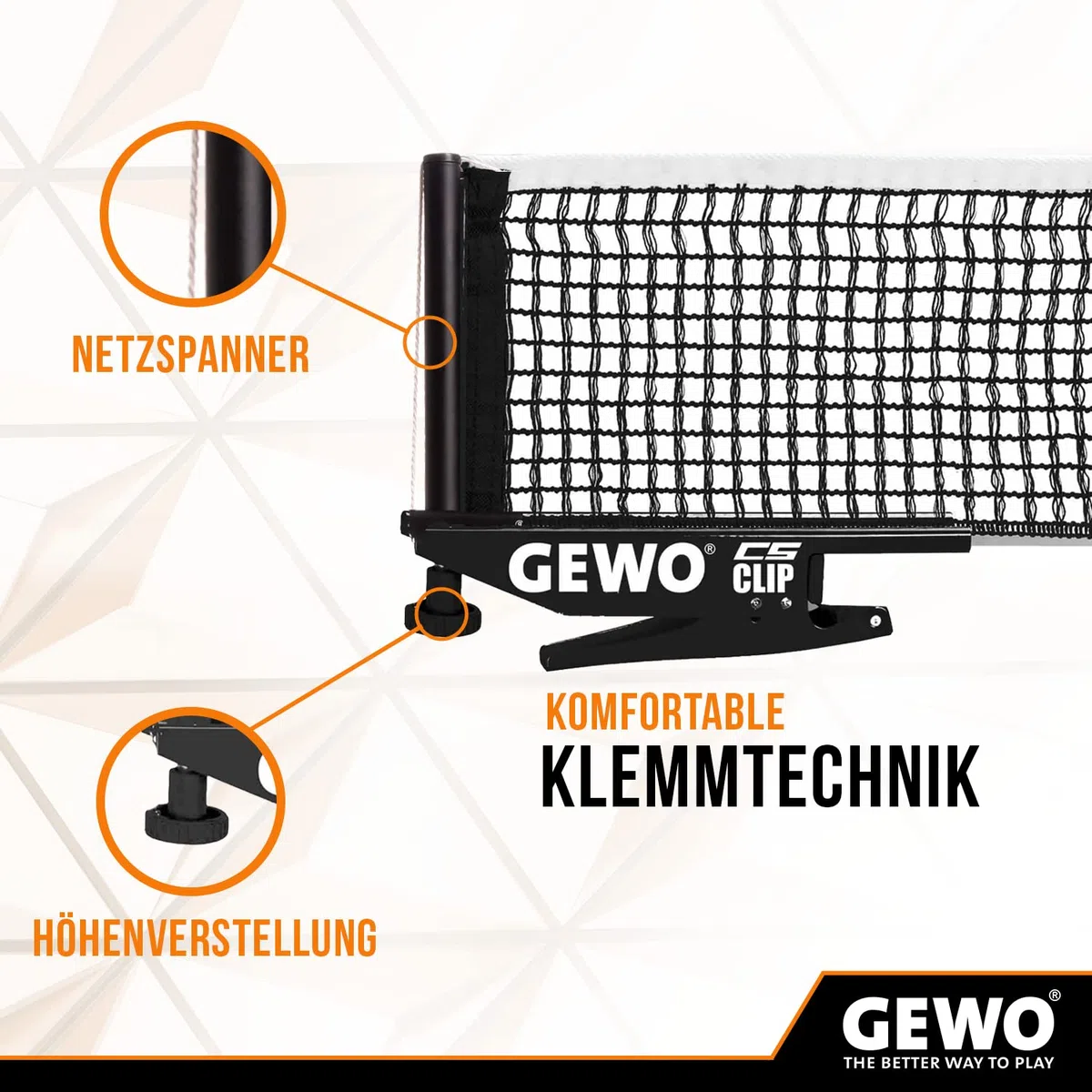 GEWO CS Clip - Filet de Tennis de Table Robuste pour Table de ping-Pong - Garniture en métal à Clipser avec vis de réglage en Hauteur et Structure en Maille résistante - Noir - 183 cm de Long