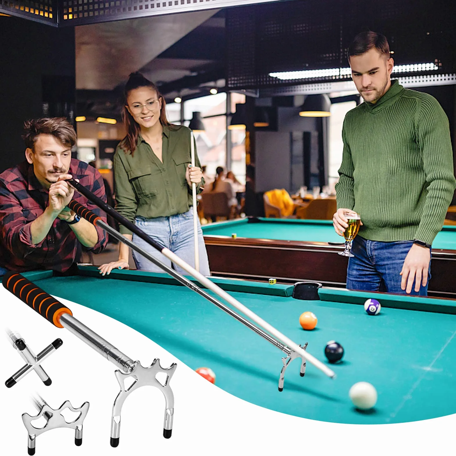 Bâton Pont de Queue de Billard Rétractable avec 3 Pièces Tête de Pont en Laiton Amovible Accessoire Queue de Billard pour Table de Billiard, Snooker, Jeux, Compétition