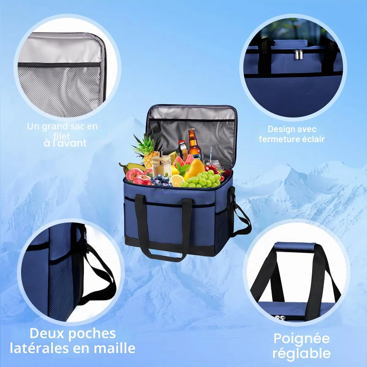 Grand sac isotherme pliable pour l'extérieur - 35 l - 60 Can - Sac isotherme pour boissons et boissons - Pour excursions, pique-niques, camping, randonnée, plage, voyages
