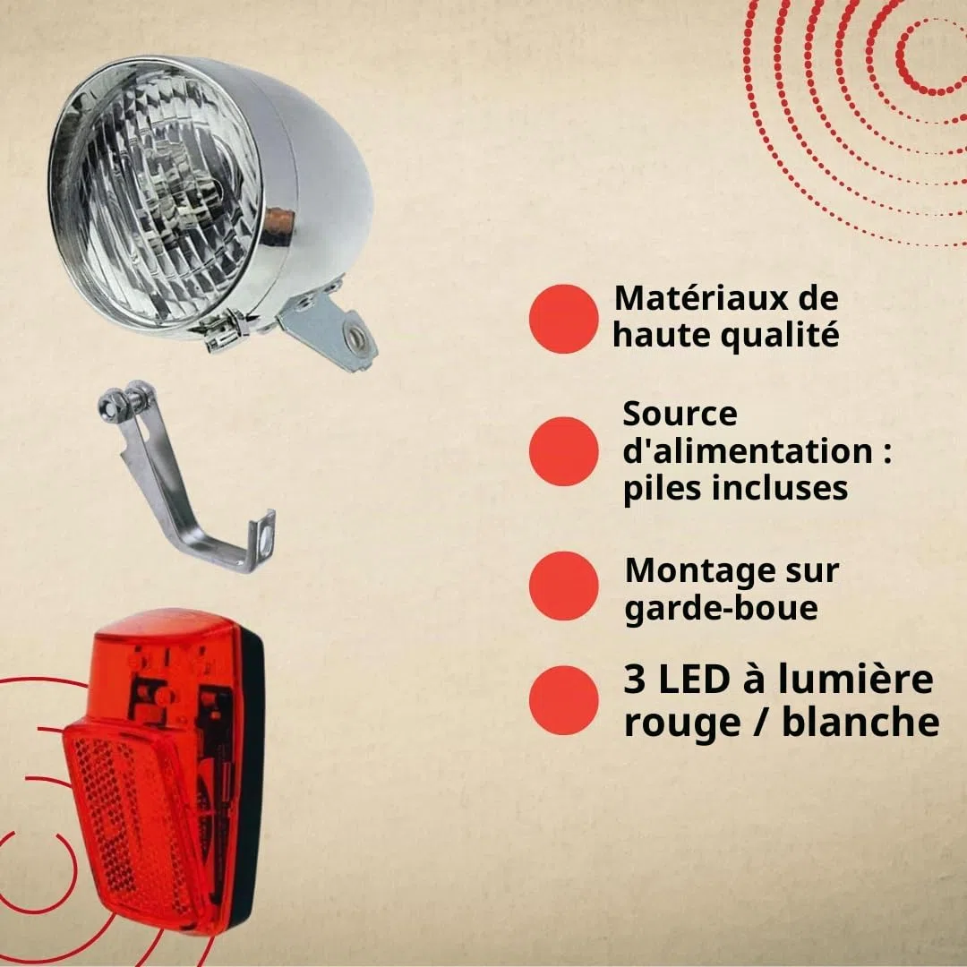 Kit feux avant et arrière vélo style vintage 3 LED – Feu avant vélo + Feu arrière de vélo rouge garde-boue – Piles incluses – Graziella Hollanda R City Bike