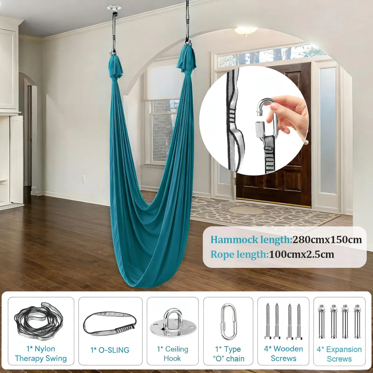 Hamac de Yoga Aérien, 280x150cm Foulard de Yoga Aérien, Charge de 200 kg, Balançoire Nid pour Exercices en Intérieur Complet avec Fixation, pour Fitness Musculation Pilates Gym Maison