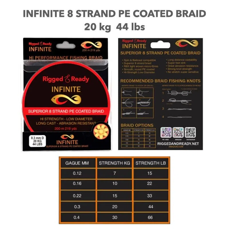 Rigged and Ready Infinite Hi-Performance Fishing Braid 10 to 66lb 4.5 to 30kg PE Coated Line 200m. Braided 8 Strand Low Diameter No Stretch Long Cast Abrasion Resistant Fast Sink. Sea Fishing.