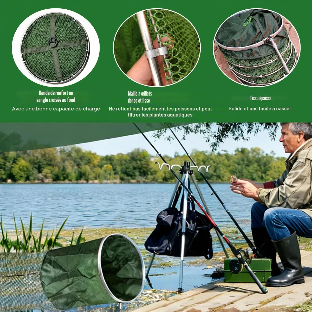 Bourriche de pêche, Cages Pliables, Sac pour Filet de pêche, bourriche caoutchoutée avec Sac et Gants, Filet Flottant Pliable pour Accessoires de pêche
