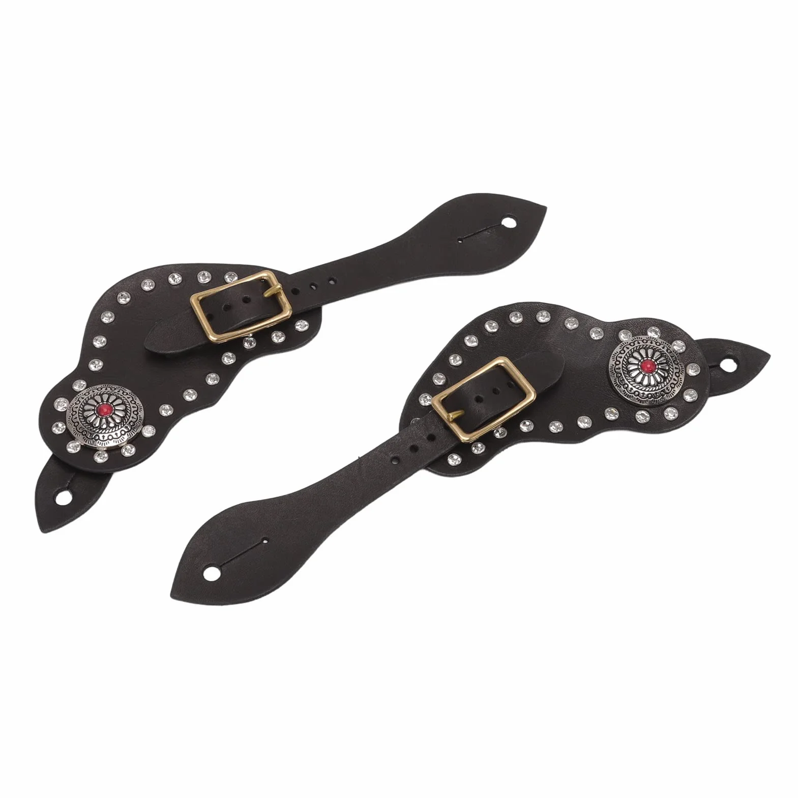 1 Paire de Sangle d’éperon en Cuir avec Strass, Style Western Vintage, Ceinture d’éperon pour l’équitation avec Boucle en métal, Sangle en Cuir de Vache réglable pour Bottes
