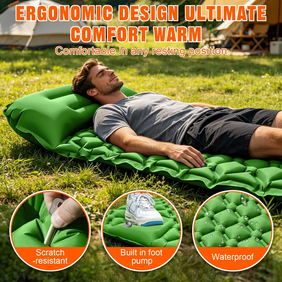 Matelas de Camping Autogonflant Ultraléger, avec Oreiller et Pompe à Pied Intégrée, Imperméable Antidérapant Compact Pliable Matelas Pneumatique, Idéal pour Randonnée, Festival et Voyages