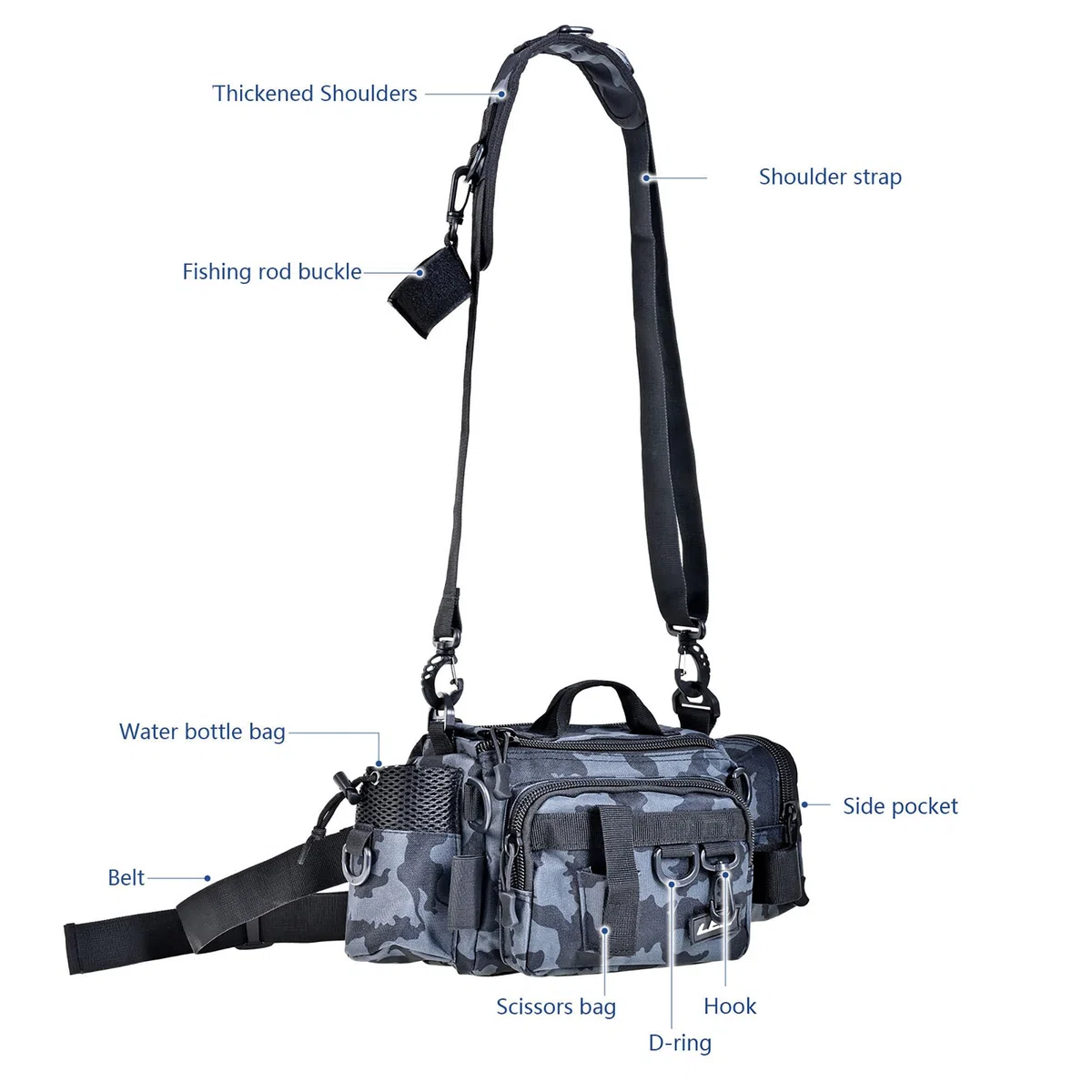 YUEMING Stockage de matériel de pêche, Sac de pêche à la carpe à épaule unique Grande capacité pour boîte à matériel et Rangement de Pinces pour leurres de pêche pour pêche en mer(Camouflage-1)