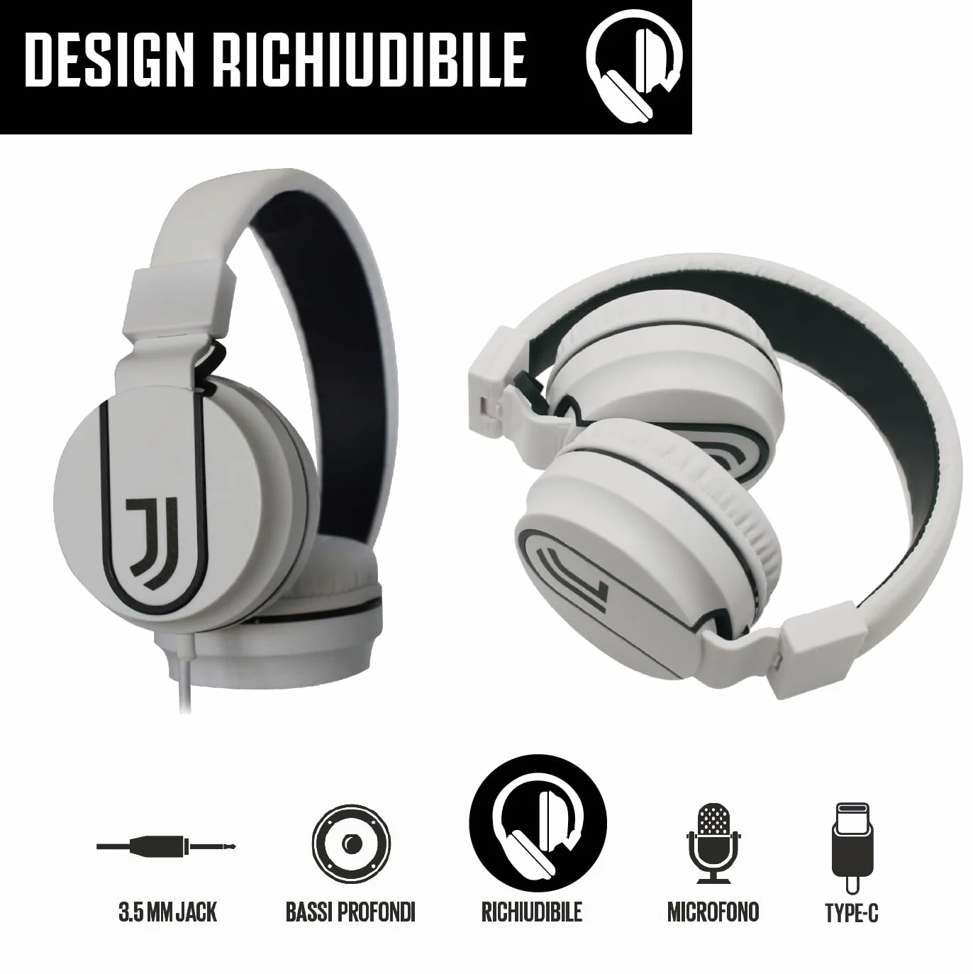 TECHMADE Juventus Football Casque Micro Inclus |on-Ear | avec Fil câble auxiliaire | Blanc/Noir | avec Adaptateur USB-c