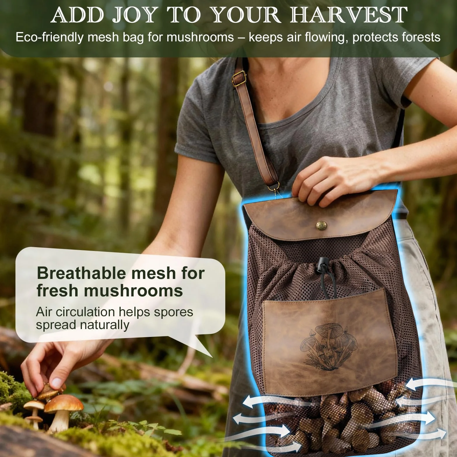 DRACHENADER Sac Champignon avec Filet Respirant – Panier Champignon Pliable, Sac de cueillette pour Champignons Frais avec bandoulière réglable