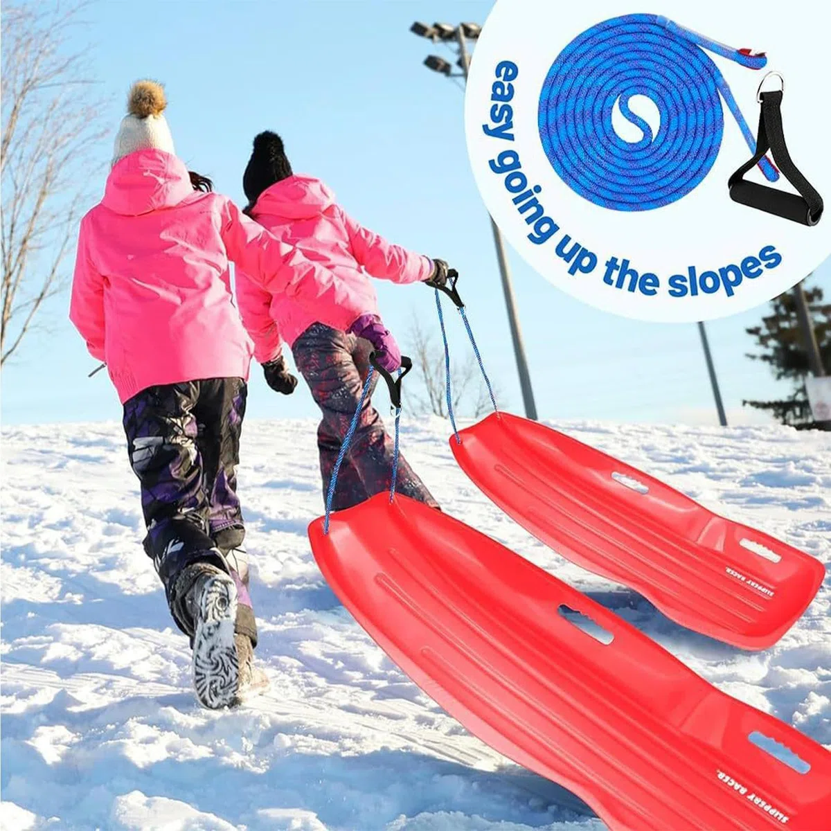 Genérico Corde à tirer pour luge à neige - 4 m - Avec - Jeu de cordes pour traction de luge d'hiver - Sangle épaisse pour luges à neige - Pour