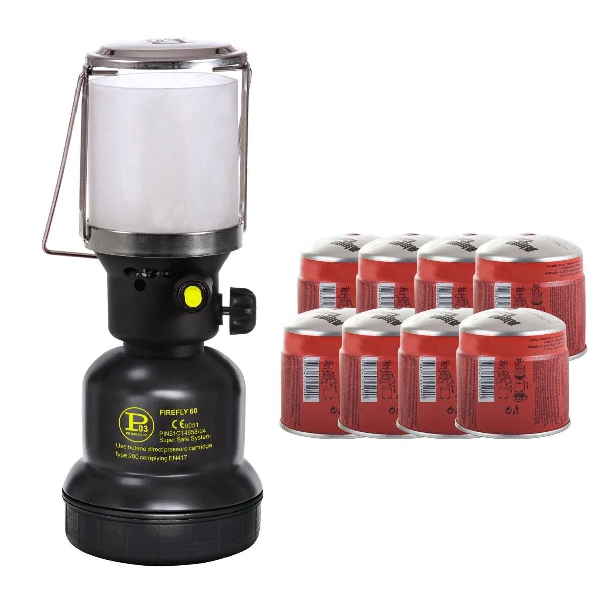 INTEC - Lampe à gaz 1100W + 8 Cartouches gaz Butane 190g - Allumage Piezo Coque Métal - Lampe de Camping Rechargeable Extérieur