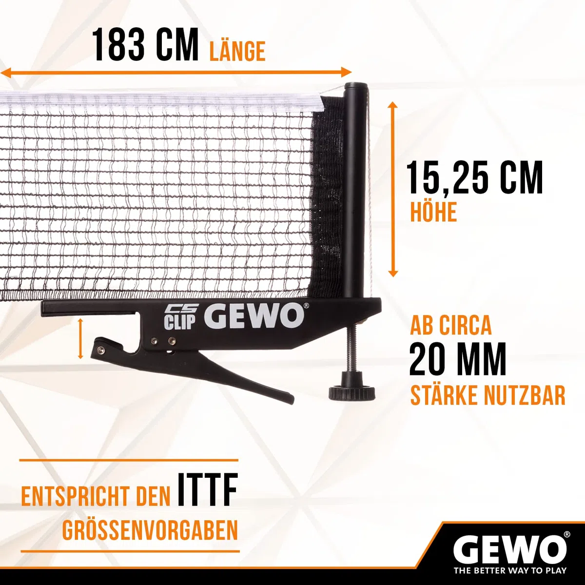 GEWO CS Clip - Filet de Tennis de Table Robuste pour Table de ping-Pong - Garniture en métal à Clipser avec vis de réglage en Hauteur et Structure en Maille résistante - Noir - 183 cm de Long