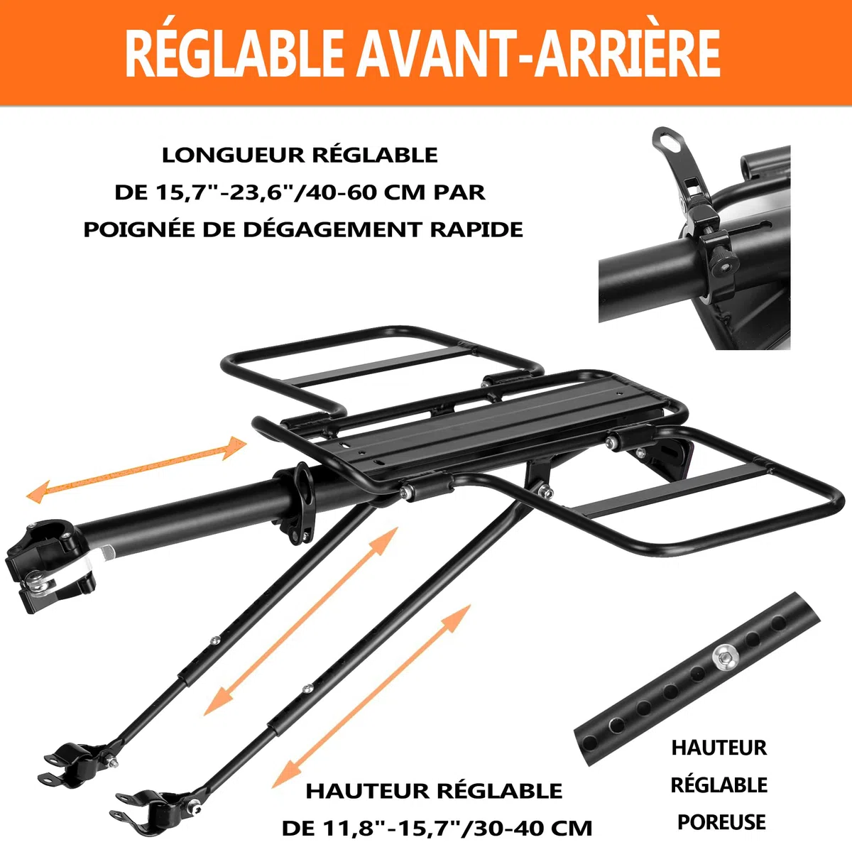 Porte-bagages pliable à larges ailes pour vélo, libération rapide, universel, grande capacité, hauteur réglable de 7,3 à 7,6 m