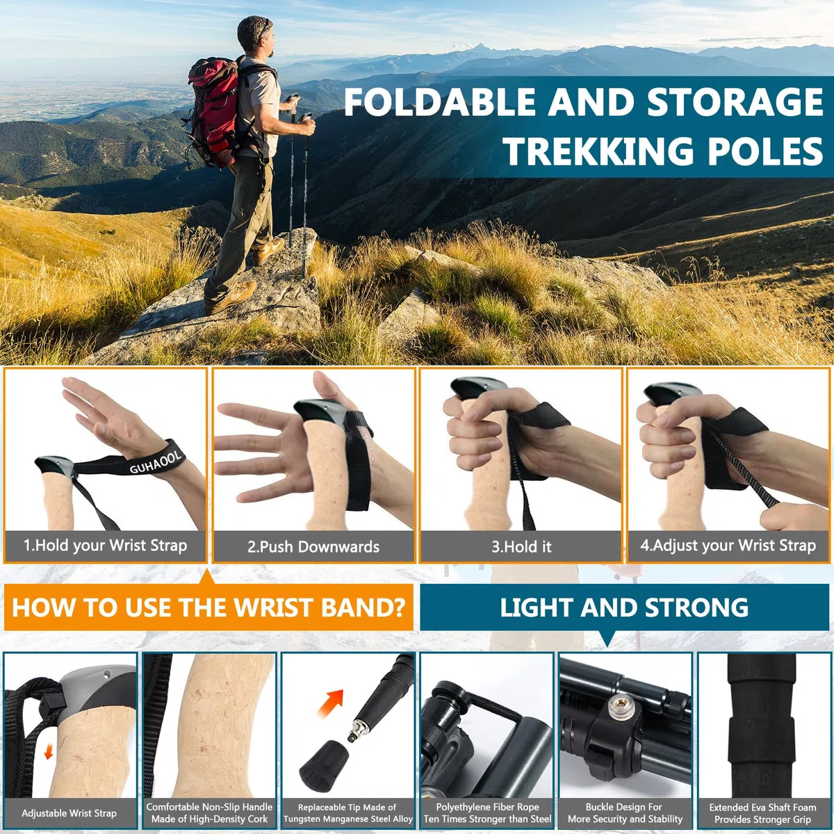 Bâtons de Randonnée, 2 PCS Bâton de Marche Télescopique Retractable,Pliable Antidérapant Ultraléger Bâtons de Marche avec 5 Paires de Tampons en Caoutchouc pour Le Conditionnement du Trekking