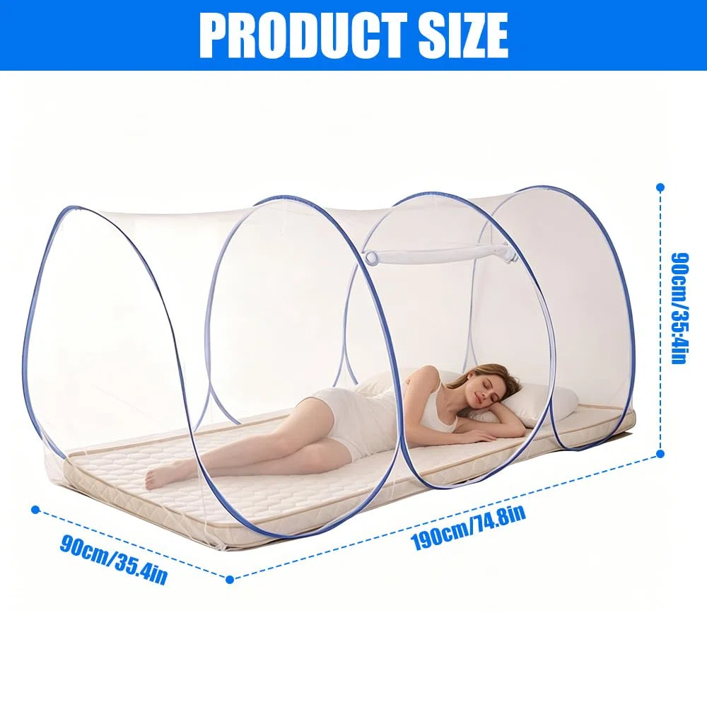 Moustiquaire Voyage, 190x90x90cm Moustiquaire Pop Up avec Fermeture Eclair, Moustiquaire Pliable Ultra Légère, Tente de Camping Portable, pour Lit Simple, Camping, ExtéRieur (Bleu)