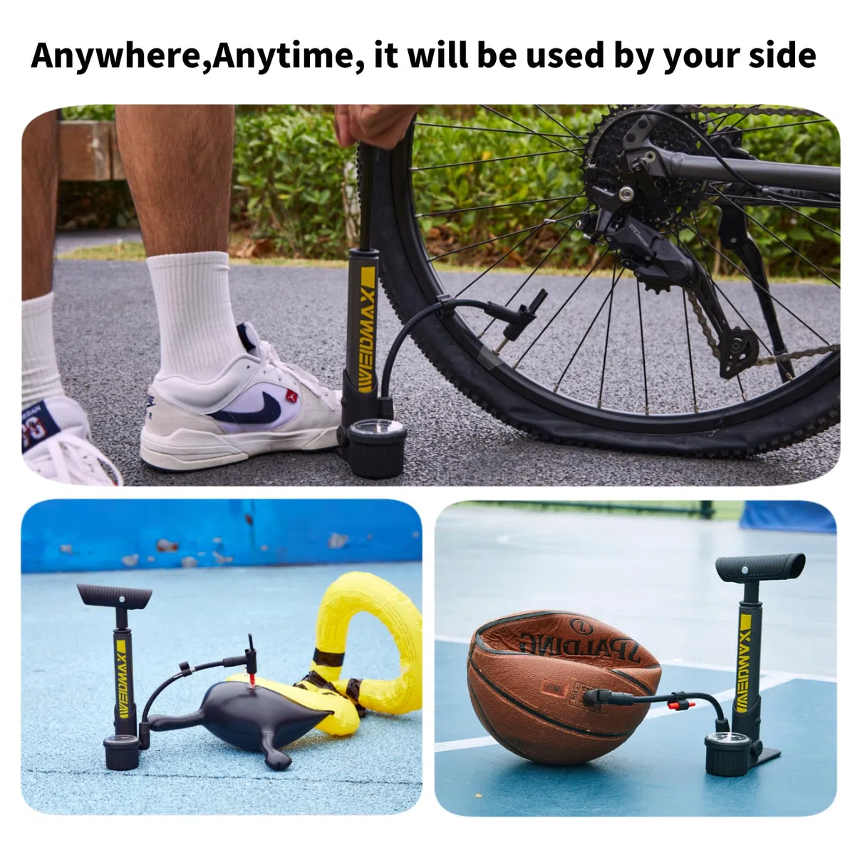 WEIDMAX Pompe à vélo pliable pour tous les vélos, pompe à vélo avec manomètre, pompe à pneu portable montée sur cadre, mini pompe à vélo avec valves Presta et Schrader, pompe de piste multifonction