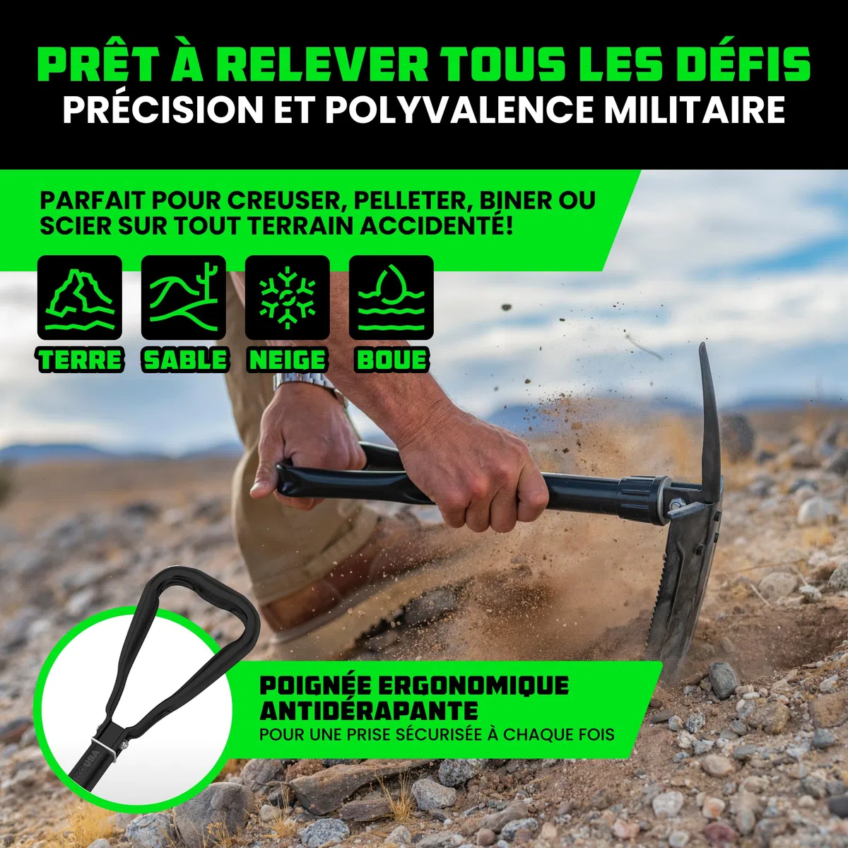 Rhino USA Pelle Pliante avec Pointe Outil pour Creuser en Acier Carbone de Style Militaire pour Le Tout Terrain Pelle Jardinage Accessoire Camping Accessoire Détecteur Métaux