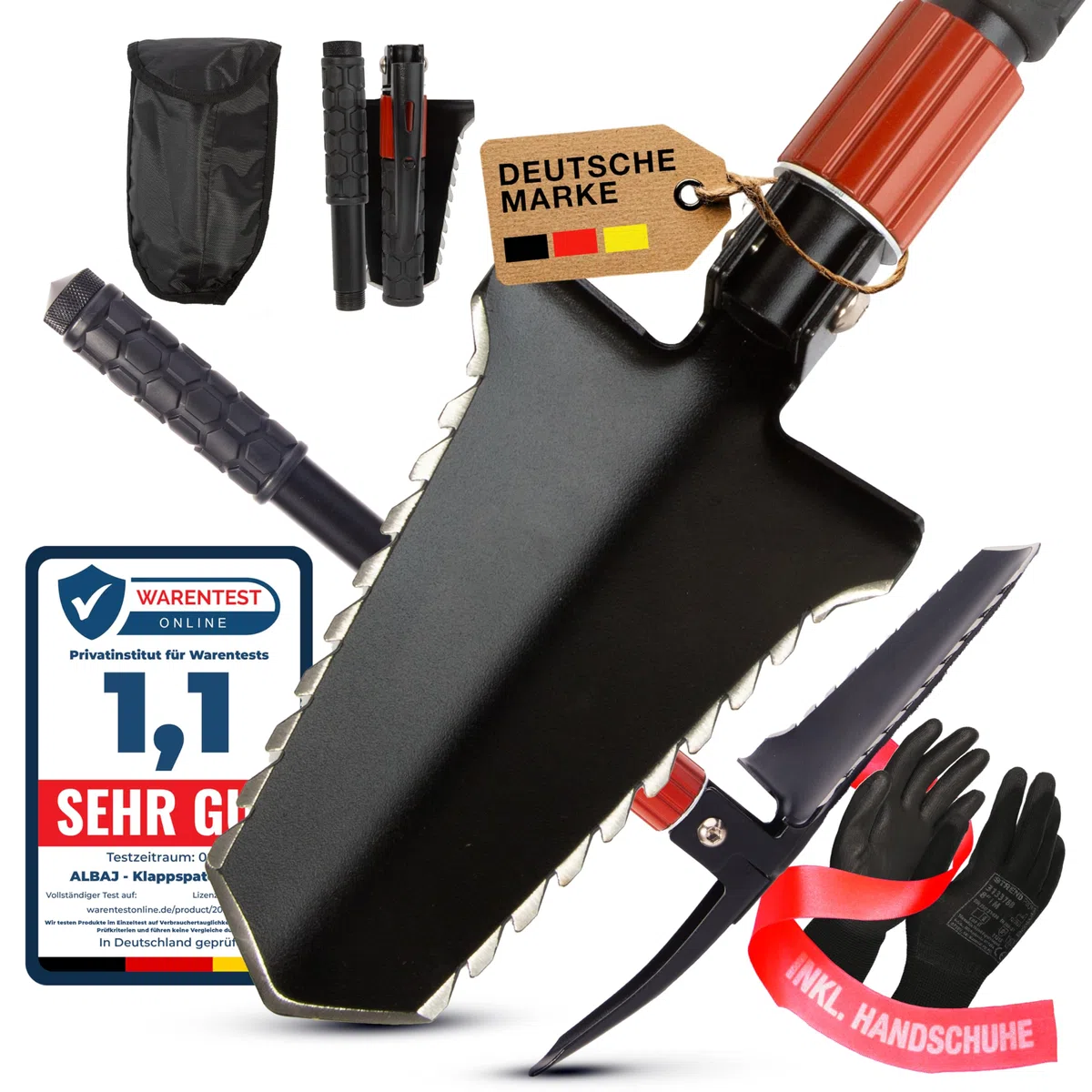 Pelle pliante 9 en 1 – Pelle de survie pliable avec scie à racines, acier à feu et sac – Outil compact d'extérieur – Cadeau pour homme, idéal pour le camping, le bushcraft et les urgences
