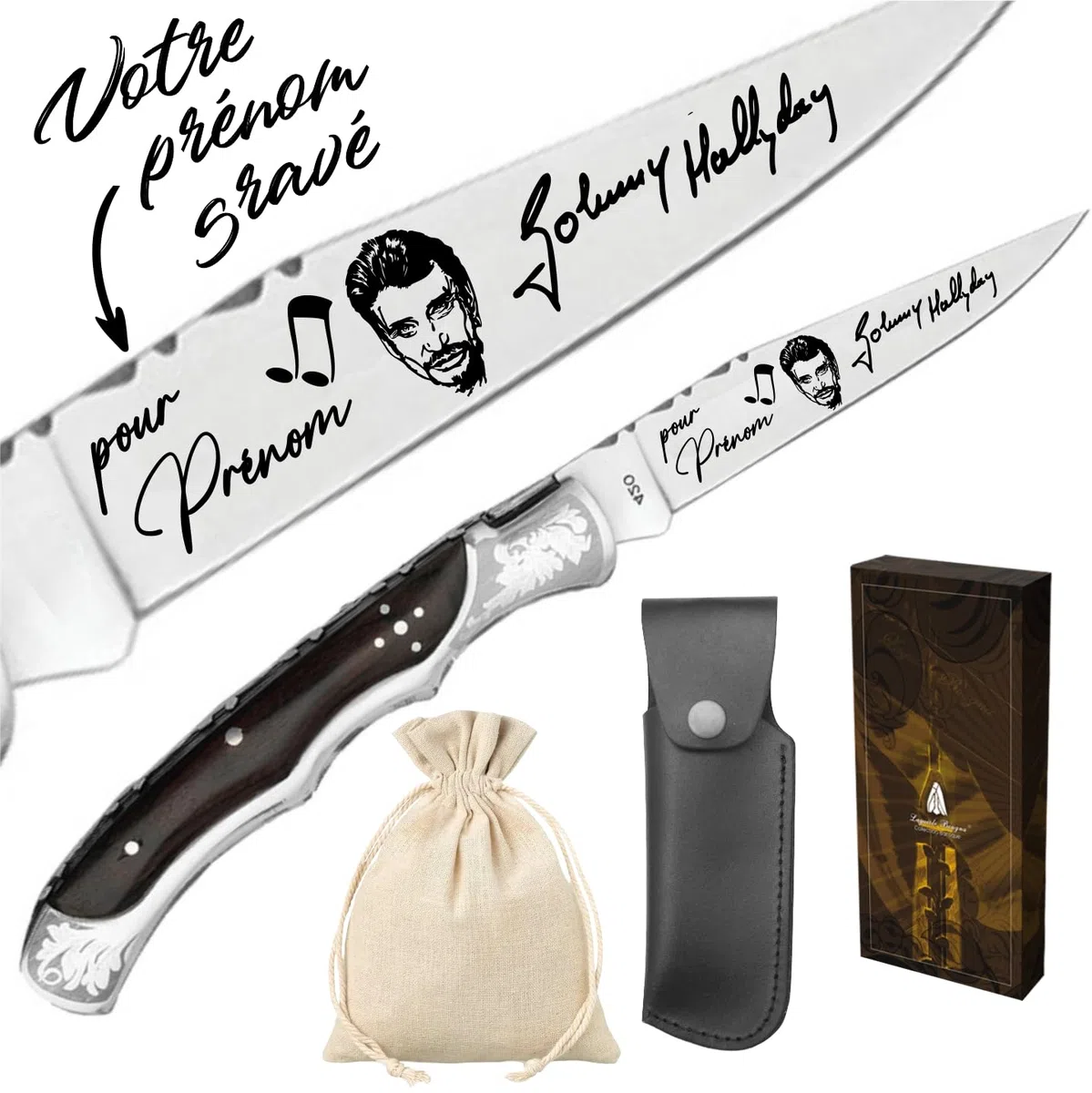 Gravure Events - Couteau Laguiole Bougna Gravé avec Votre Prénom - Cadeau Personnalisé Johnny Hallyday - Manche en Bois - Lame Acier Inoxydable