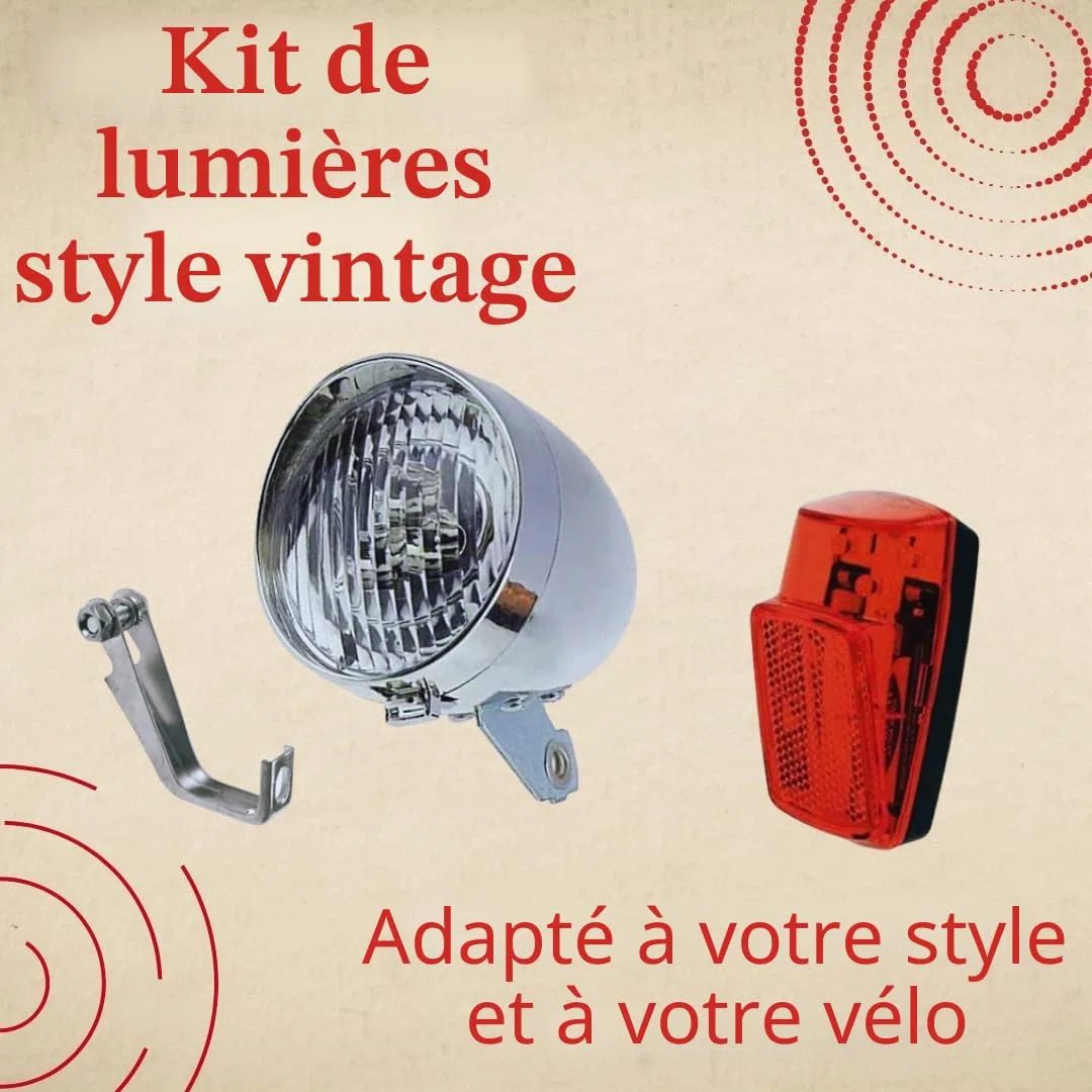 Kit feux avant et arrière vélo style vintage 3 LED – Feu avant vélo + Feu arrière de vélo rouge garde-boue – Piles incluses – Graziella Hollanda R City Bike