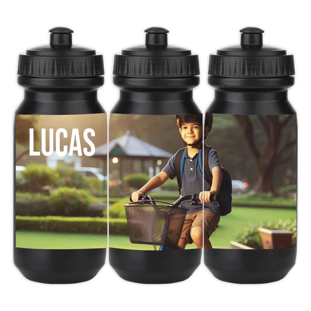 Wanapix | Bidon de Cyclisme Personnalisé | Couleur Noire | Gourde pour Vélo avec la Photo ou le Nom de Votre Choix | Capacité de 620 ml | Sans BPA | 100% Personnalisé