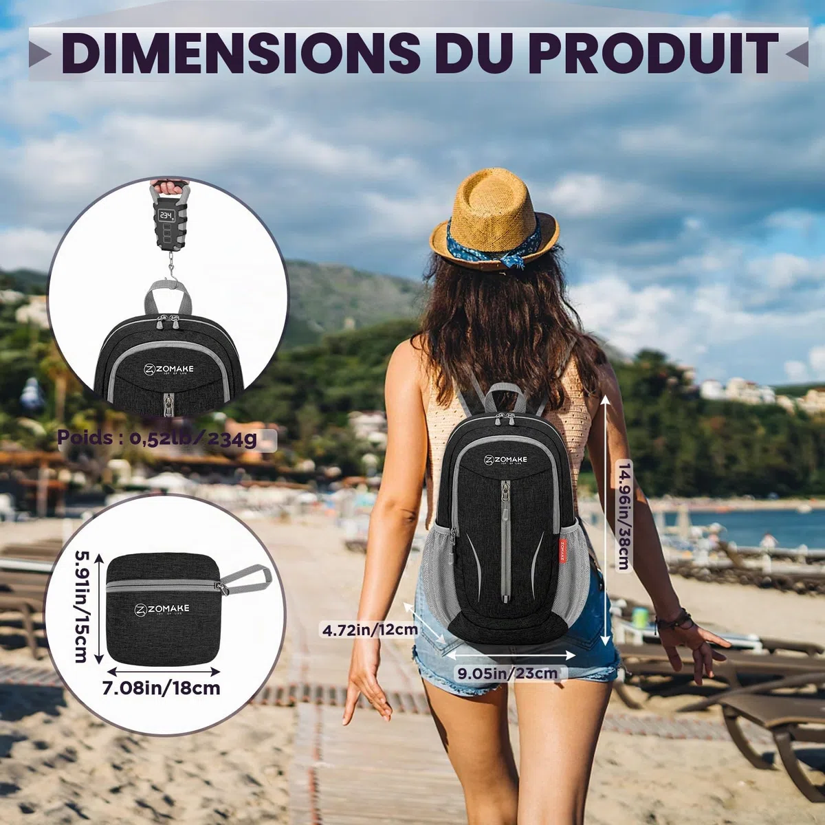 ZOMAKE 10 L Petit Pliable Ultra Léger Sac à Dos pour Randonnée Voyage,Mini Sac a Dos de Jour pour Femme Homme Enfant(Noir)