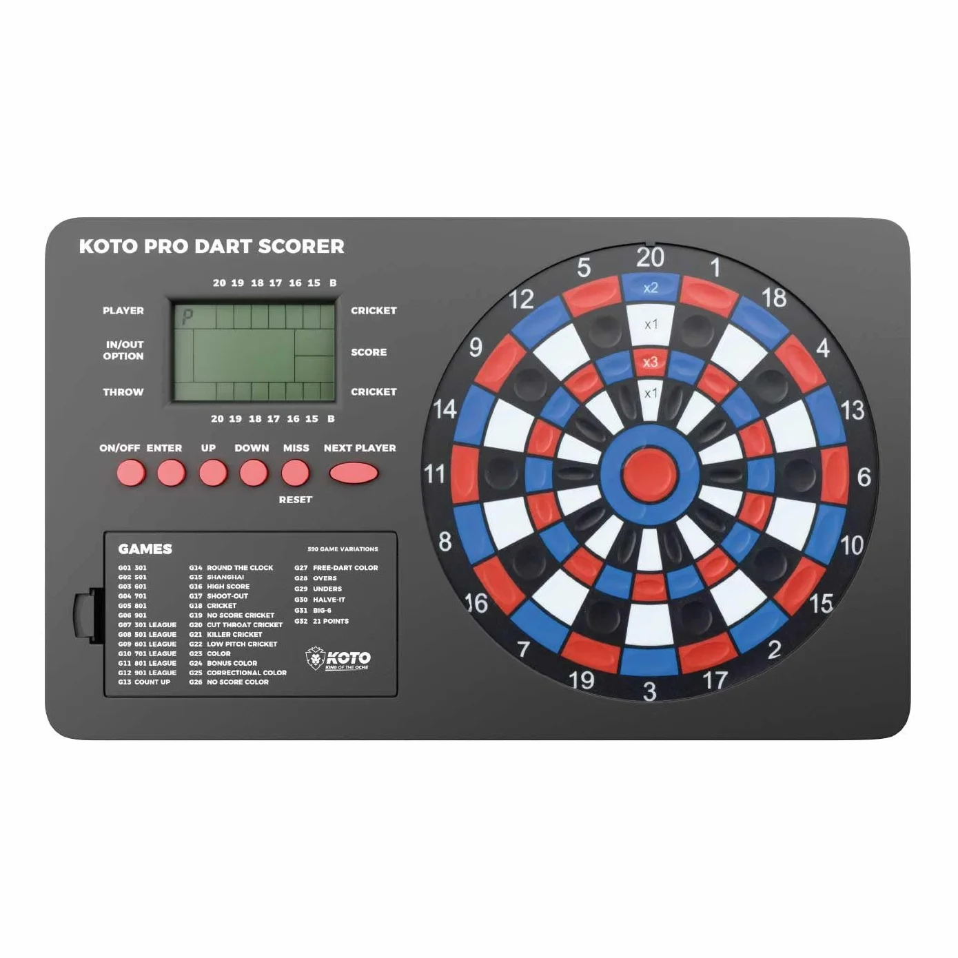 KOTO - Tableau de Score Pro pour Fléchettes, 32 Jeux, Dart Scorer, Affichage du Score & Fixation, pour 8 Joueurs, Alimenté par Piles