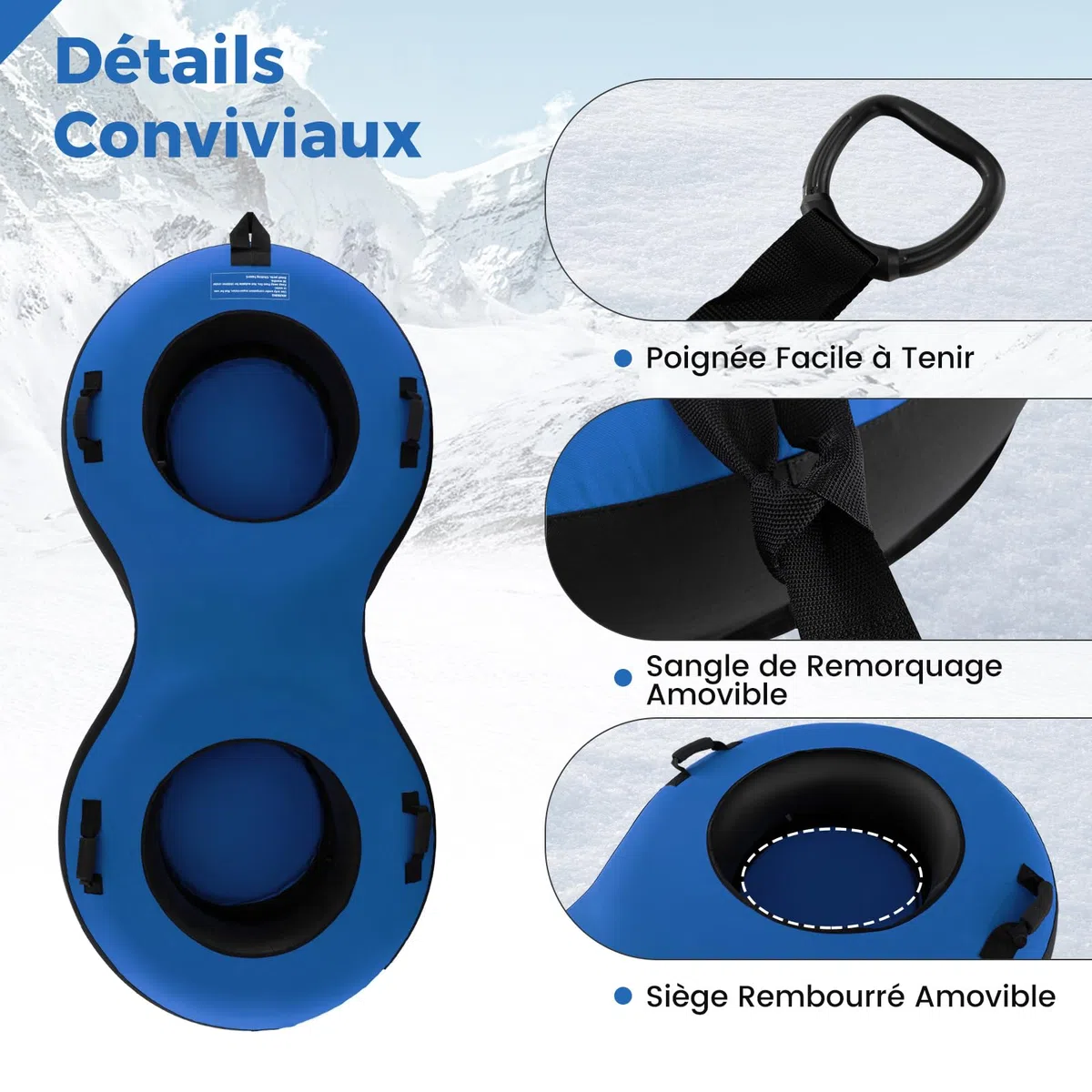 GOPLUS Luge à Neige Gonflable, Tube à Neige 100 cm avec Pneu en Caoutchouc, Coussin de Siège, Poignée, Pompe Inclus, pour Sports d'hiver Enfants&Adultes, Charge 200KG, Bleu/Rouge
