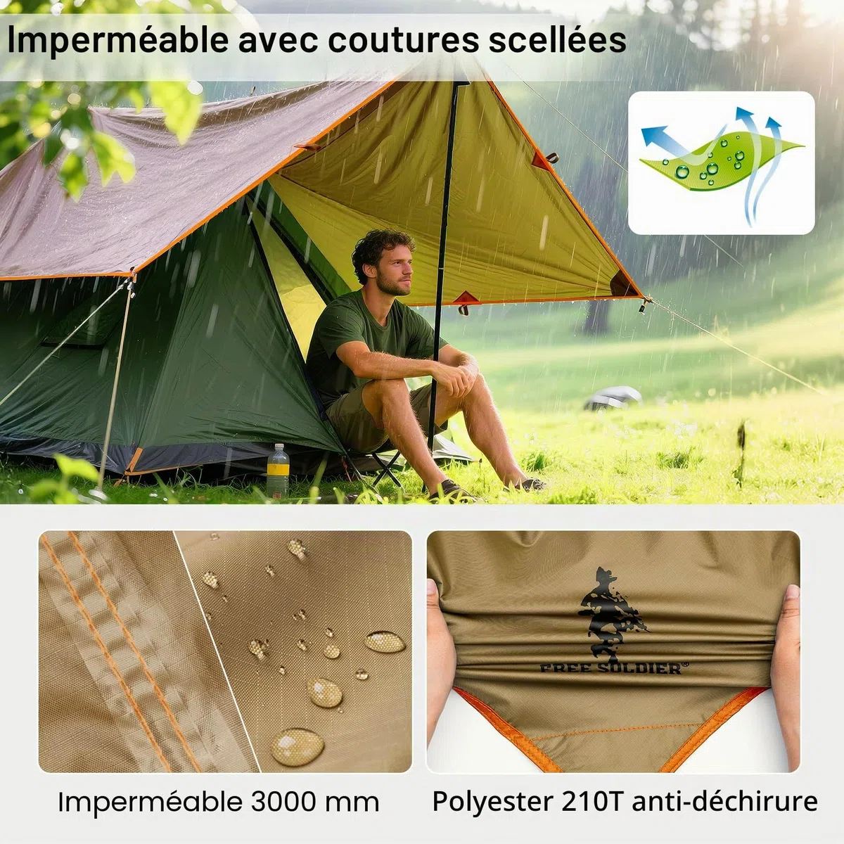 FREE SOLDIER Camping Tarp 3m x 3.2m Housse de Pluie Bâche Portable Léger Etanche Rain Fly Fly Tente Imperméable Au Sol Anti-UV Abri pour Randonnée(Marron，avec Clous)