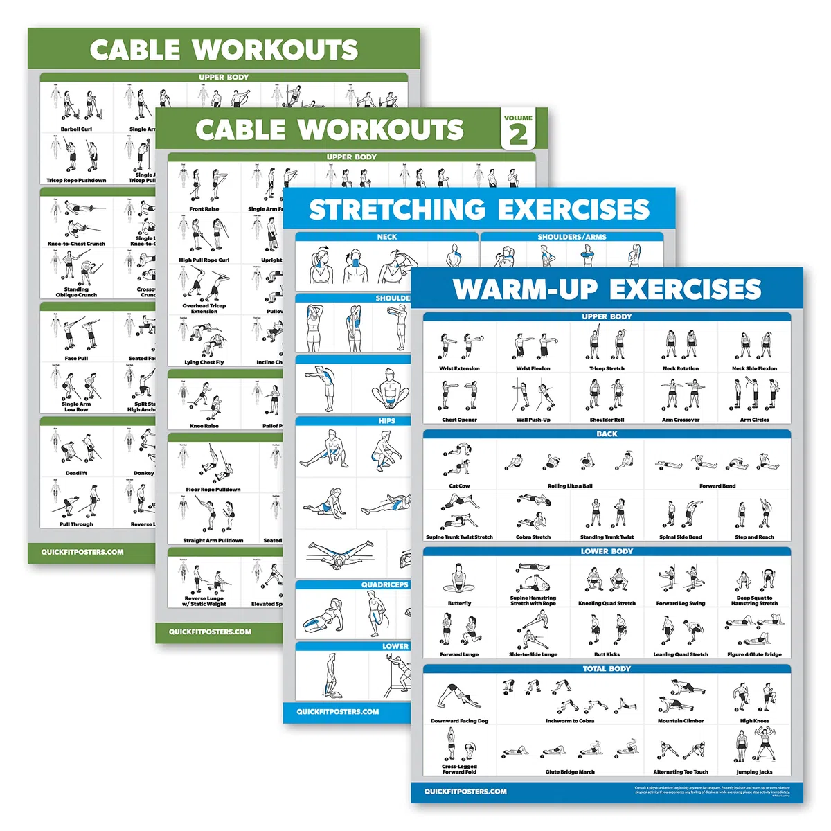 Lot de 4 affiches d'entraînement avec machine à câble Volume 1 et 2 + exercices d'étirement + exercices d'échauffement (laminé, 45,7 x 61 cm)