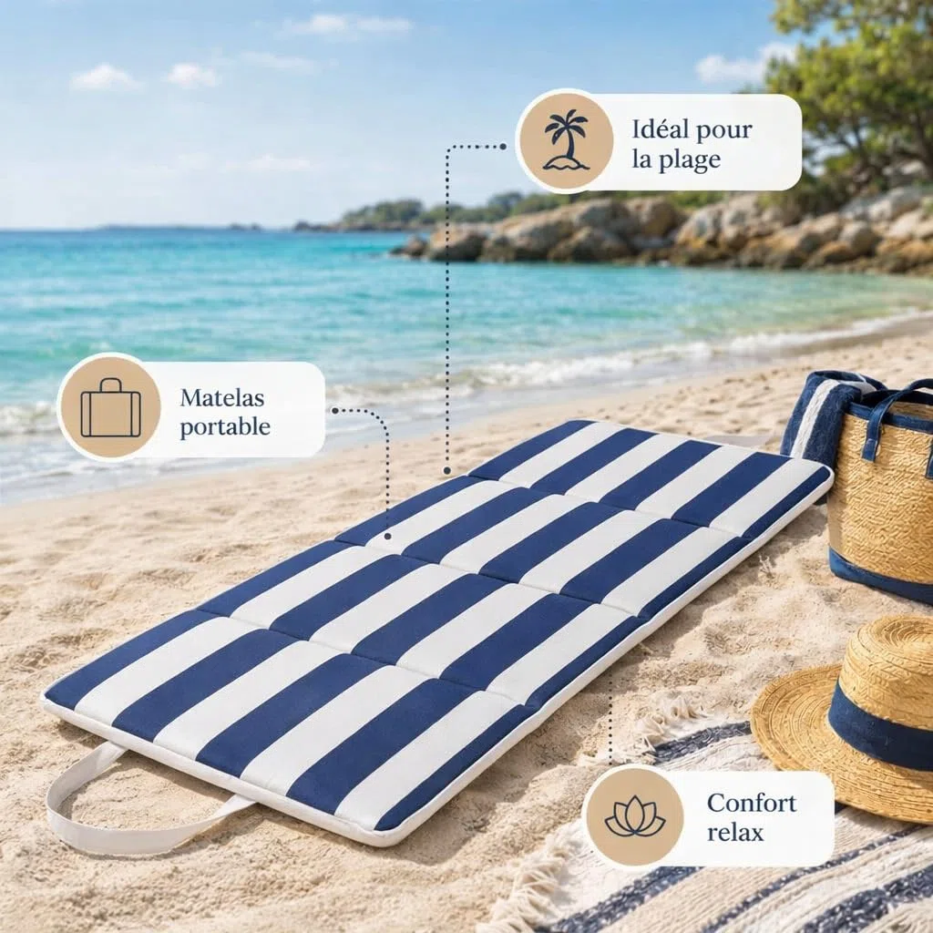 GRENADINE BOUTIQUE Matelas de Plage Pliable Sandy Rayures Bleu et Blanc 155x55 cm – Matelas Confortable Épaisseur 2,5 cm – Plage, Jardin, Camping