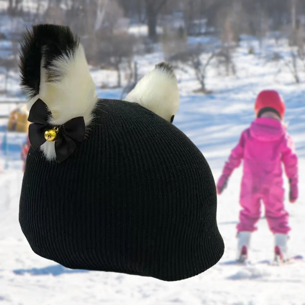 F Fityle Housse de casque de Ski, bonnet pour femmes et hommes, Sports d'hiver, extensible, dessin animé, housse de protection, chapeau tricoté, décoration de, Chaton noir