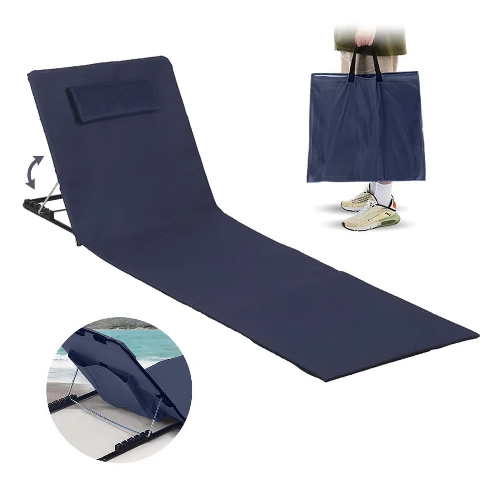 Matelas de Plage Pliable avec Dossier Réglable, Natte de Plage avec Dossier avec Sac de Transport, Tapis de Plage avec Dossier Inclinable, Tapis Plage avec Dossier, pour Plage, Jardin, Camping