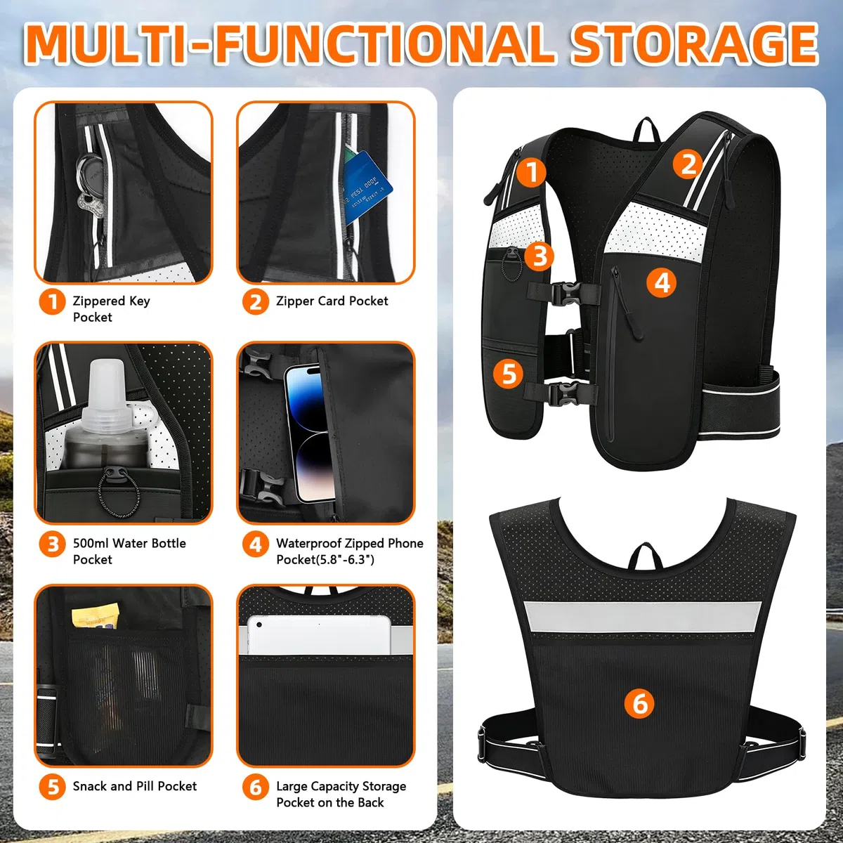 Gilet Hydratation Running Femme Homme, Gilet Running Réglable avec Bouteille d'eau Pliable 500ML, Respirant et Réfléchissant, avec Sac pour Téléphone, pour Course, Randonnée, Cyclisme, Marathon