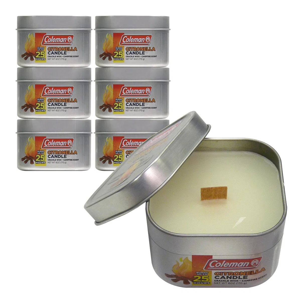Coleman Lot de 6 bougies parfumées d'extérieur à la citronnelle avec mèche craquelée en bois, parfum feu de camp, 170 g