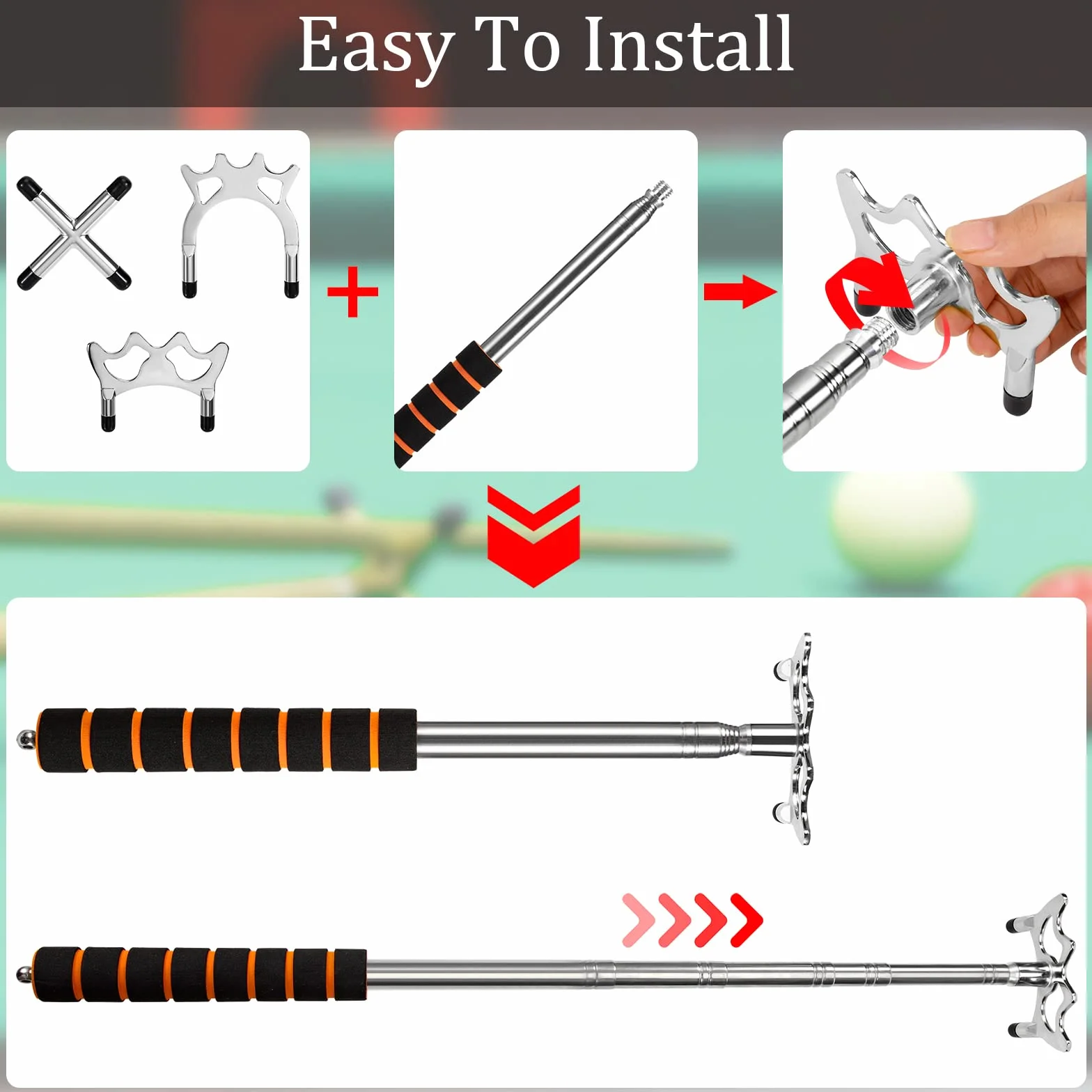 Bâton Pont de Queue de Billard Rétractable avec 3 Pièces Tête de Pont en Laiton Amovible Accessoire Queue de Billard pour Table de Billiard, Snooker, Jeux, Compétition