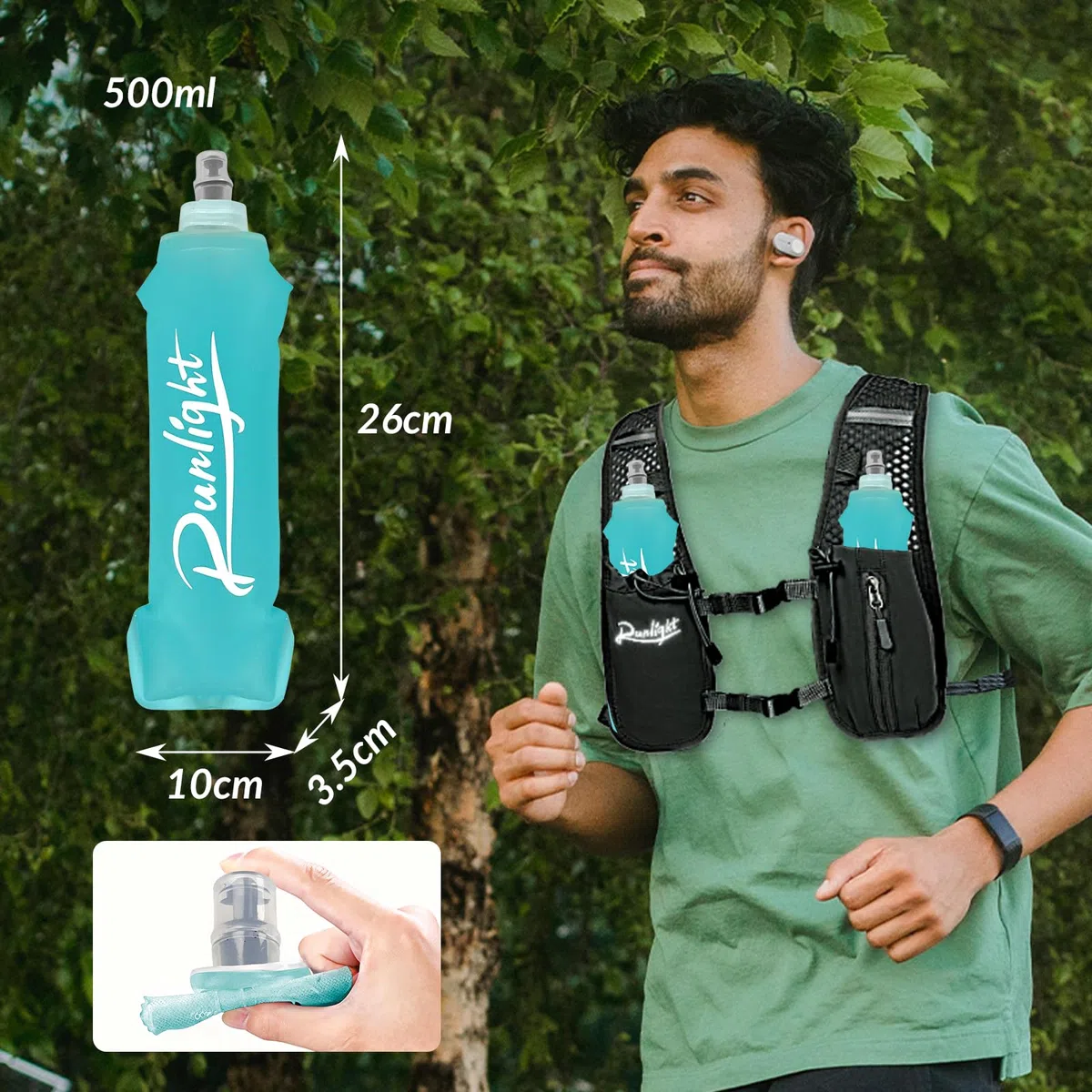 Gilet de course, sac à dos à eau léger avec bouteille souple de 500 ml, sac à dos de course pour hommes et femmes, sac à dos d'hydratation pour la randonnée, le cyclisme pour hommes et femmes