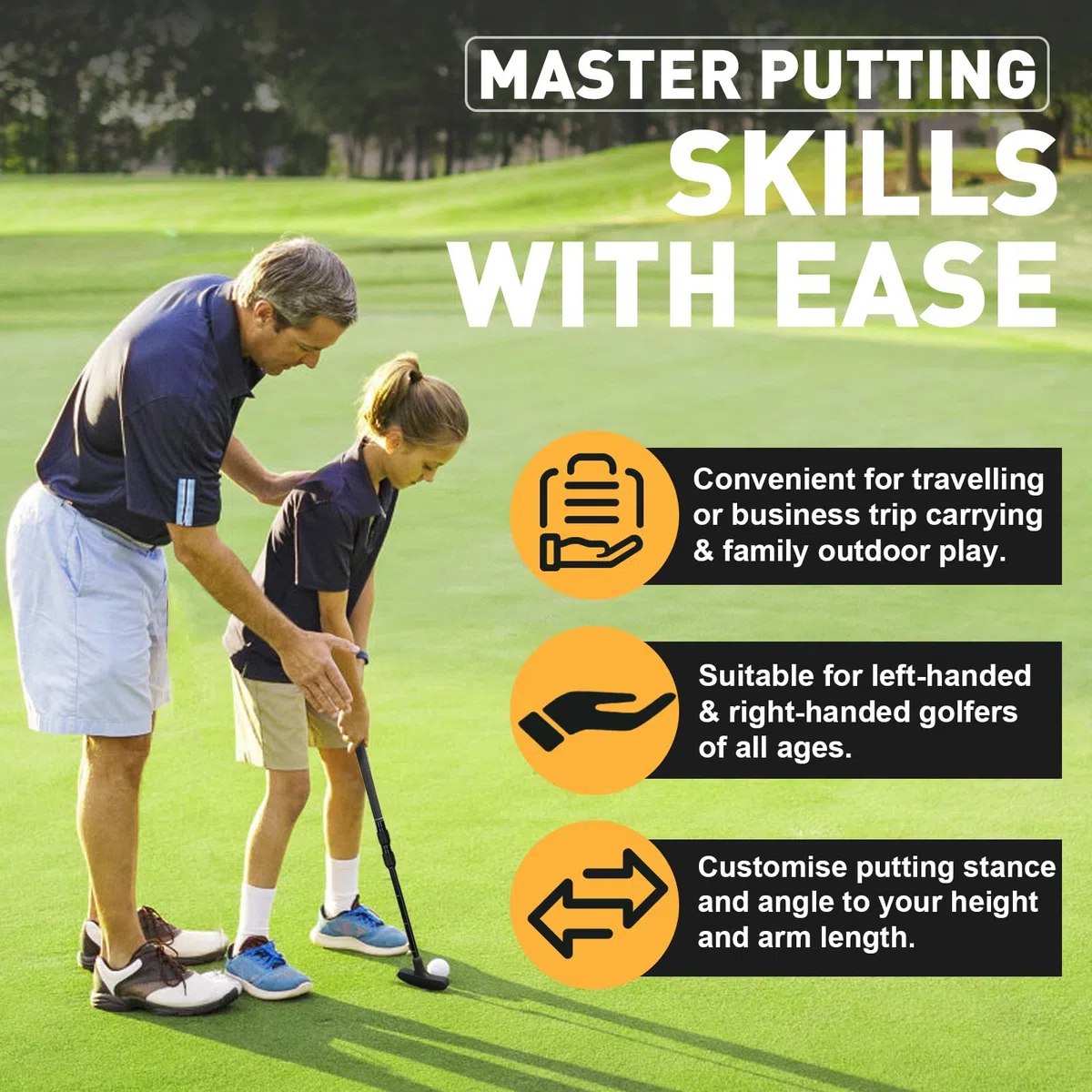 Putter de golf réglable, lot unique, unisexe, peut être utilisé par les gauchers et les droitiers, jeu de putter noir réglable, avec 4 balles et 1 coupe drapeau, convient pour les enfants, les