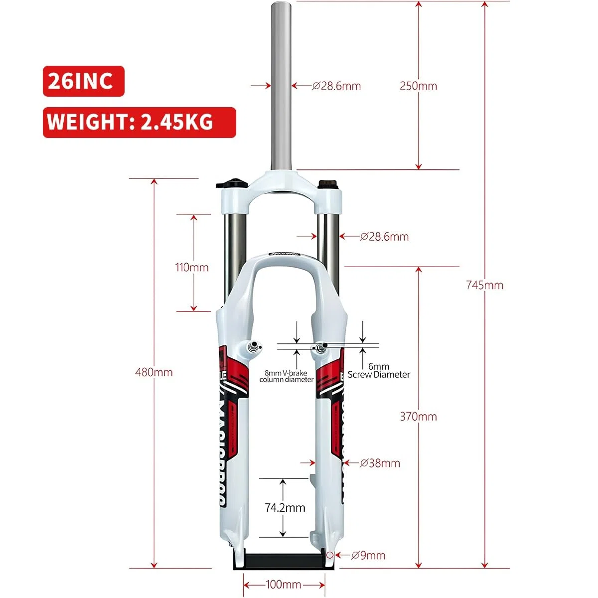 Fourche VTT 26 Pouces 100mm Voyage Vélo Fourche Suspendue 1" 1/8 V-Brake/Disque Amortisseur De Pression d'air Fourche De Vélo Alliage D'aluminium Contrôle des Épaules