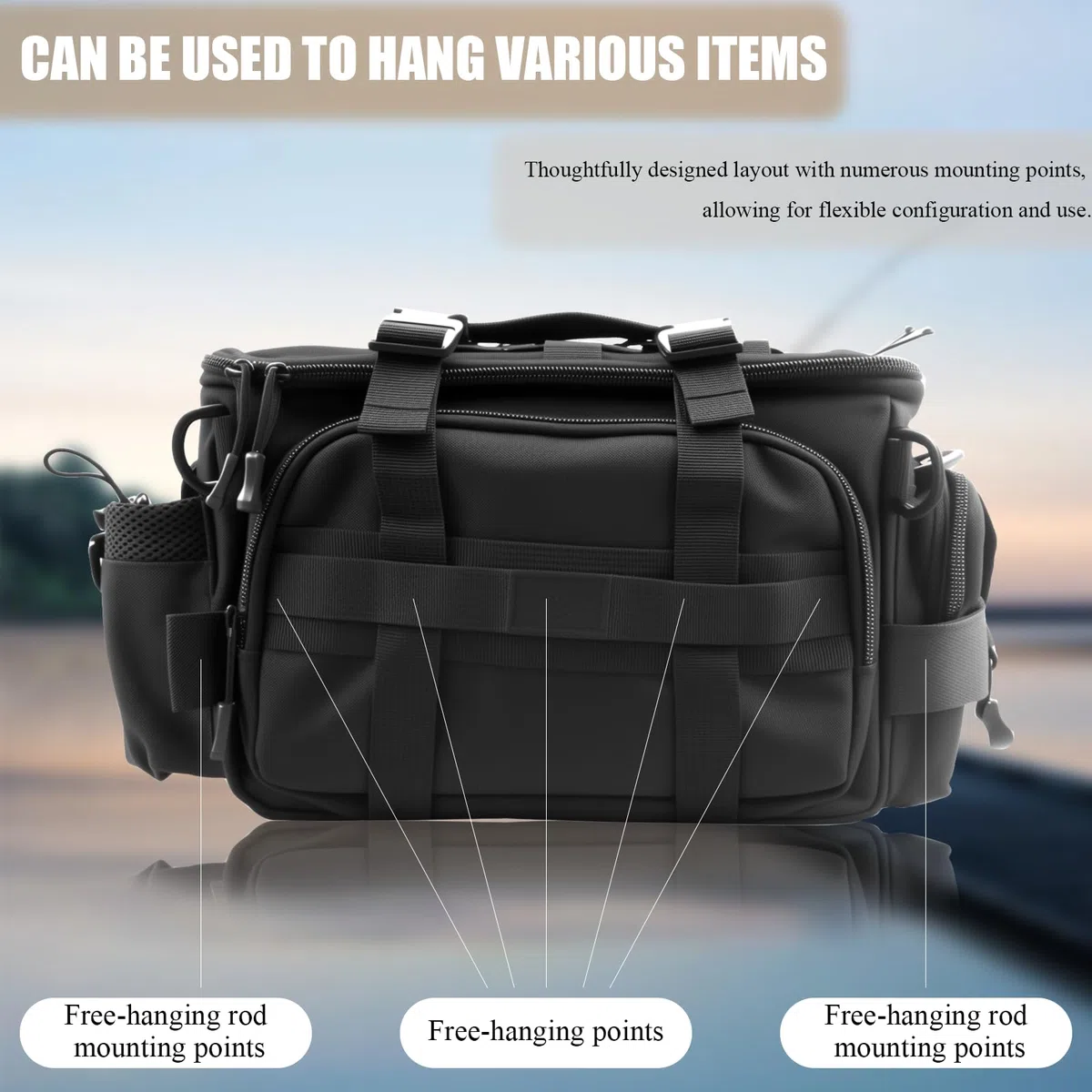 Sac de pêche - Sac de pêche - En tissu Oxford imperméable - Grande capacité - Multifonctionnel - Avec bandoulière rembourrée - Sangle ventrale - Pour pêcheurs - Noir
