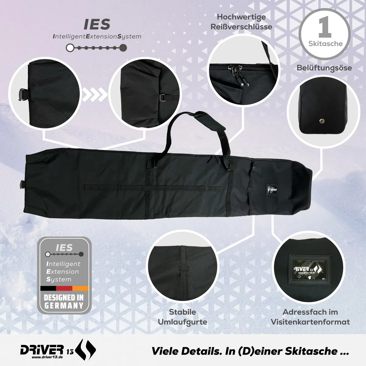 Driver13 Set Ski 2 pièces, Housse à Skis 140–210 cm et Sac à Dos Chaussures de Ski avec Compartiment Casque, système de Portage, Noir
