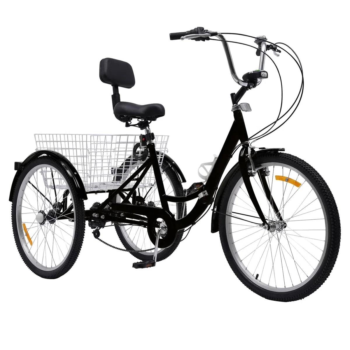 Tricycle pour adulte 24 ", pliable, 3 roues, 7 vitesses, tricycle pour adulte, tricycle pliant avec panier, lampe, dossier arrière et porte-gobelet (noir)