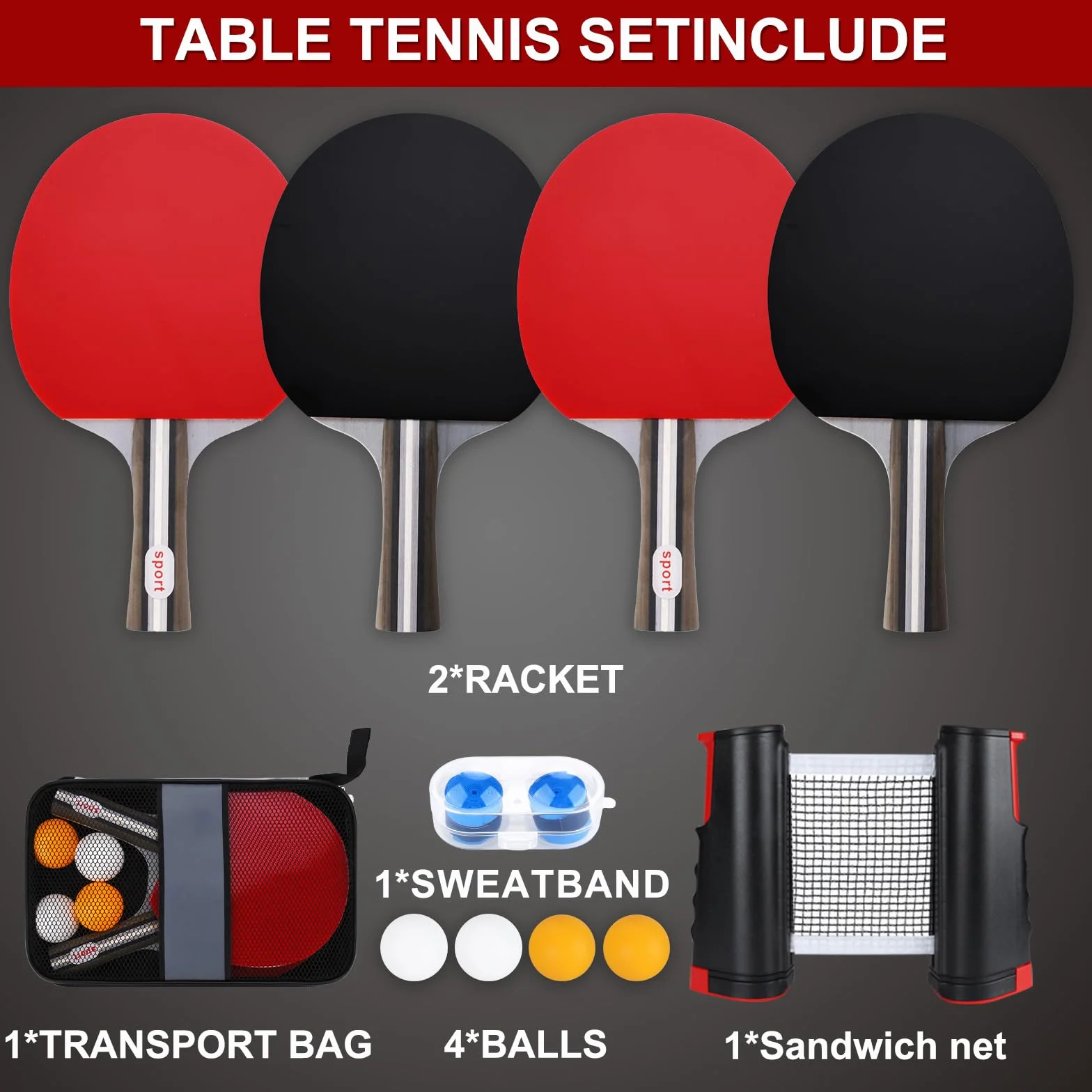 Set de Tennis de Table,2 Raquettes de Tennis de Table,4 balles (2 Jaunes,2 Blanches),Filet rétractable,2 revêtements de Manche & Sac de Transport,Set Mobile,idéal pour intérieur et extérieur