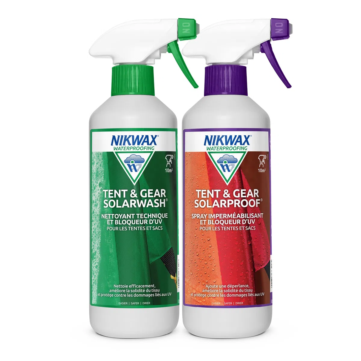 Nikwax Tent & Gear SOLARWASH 500ml + Tent & Gear SOLARPROOF 500ml, Spray nettoyant imperméabilisant bloqueur d'UV pour Textiles synthétiques étanches, imperméabilisant Spray pour Tente de Camping